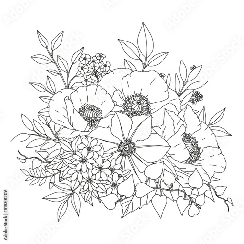 Coloring page for adults and children. Flower bouquet.