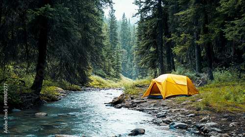 Camp set up beside a forest river, marking the end of a day s trek photo