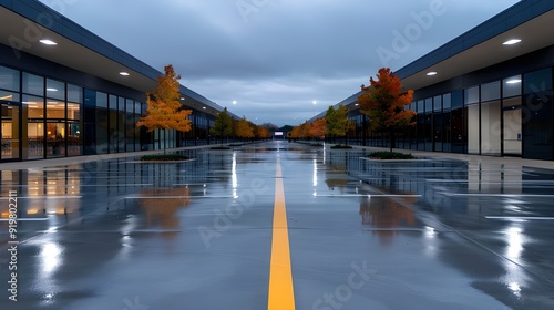 An abandoned shopping mall with boarded-up stores, empty parking lots, and a gray, overcast sky, symbolizing economic hardship