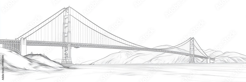 Golden Gate Bridge Drawing. Cityscape Sketch of San Francisco Architecture over Bay Golden Gate Bridge Drawing. Cityscape Sketch of San Francisco Architecture over Bay