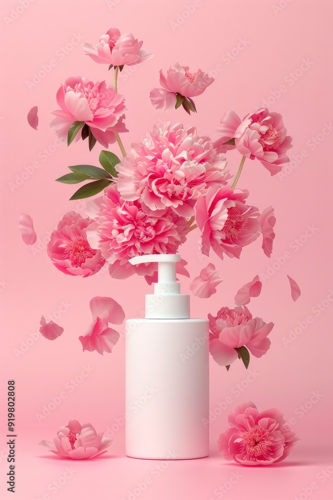 Elegant white cosmetic packaging, tube and flying beautiful peonies on pink background. Mockup for advertising natural cosmetics, product. Branding packaging, applying your logo Elegant white cosmetic packaging, tube and flying beautiful peonies on pink background. Mockup for advertising natural cosmetics, product. Branding packaging, applying your logo