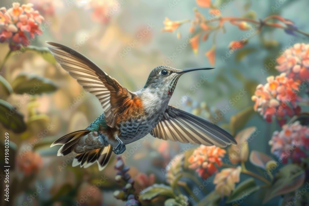 Naklejka premium Hummingbirds Compete in a Vibrant Floral Playground at Dawn