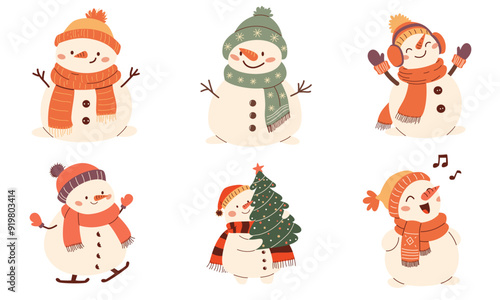 Set of vector illustrations in children's style on white background. Cute New Year snowmen. . Vector illustration