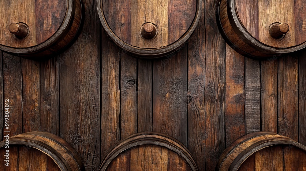 Fototapeta premium Rustic Wooden Barrels on a Planked Wall