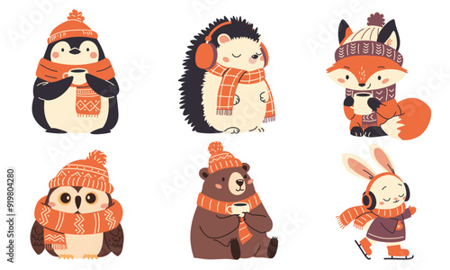 A set of cute illustrations for the new year. Owl in scarf and hat, penguin bear fox drinking a warm drink, hedgehog wearing headphones, rabbit riding on ringlets. Vector illustration