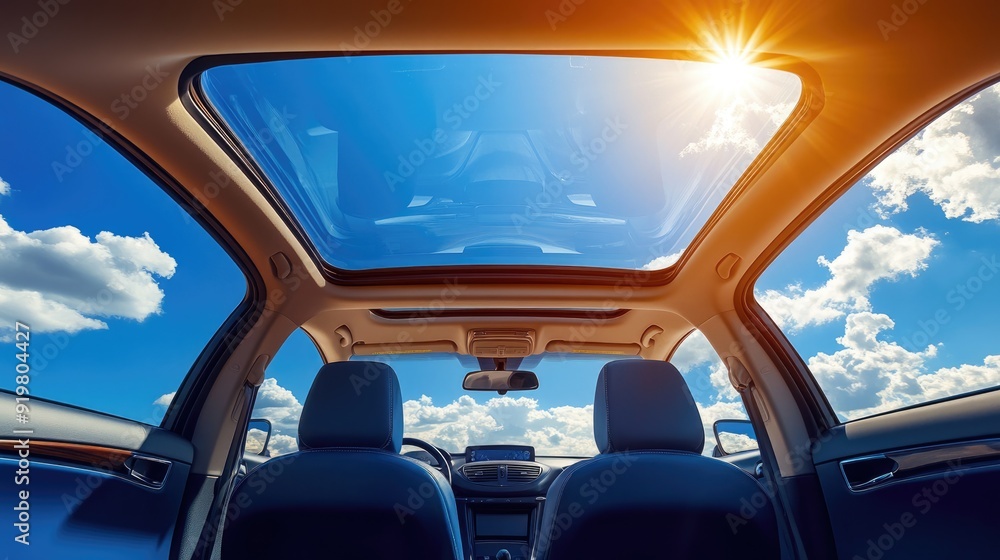 Sunroof Car. Panoramic View of Blue Sky Inside Sunroof Car Sunroof Car. Panoramic View of Blue Sky Inside Sunroof Car