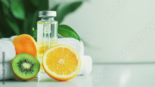 Serene spa setting with an IV hydration therapy drip infused with fresh fruit slices, symbolizing rejuvenation and revitalization