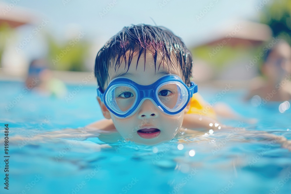 Naklejka premium Children Playing with Dive Toys in Swimming Pool: Asian Boy Learning to Swim Alone