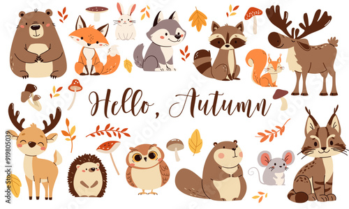 Set of flat vector illustrations. Forest animals, bear mouse hare elk deer hedgehog fox squirrel raccoon beaver lynx owl mushrooms, fall leaves. Lettering Hello, autumn. Vector illustration