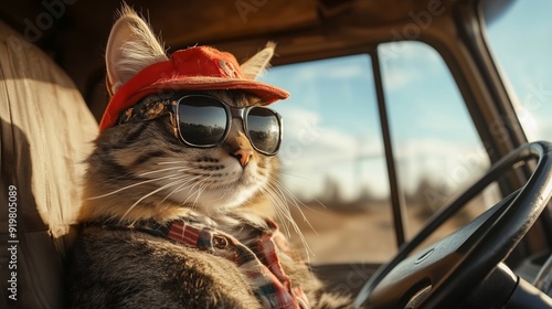 cat trucker sits behind the wheel in a cap
