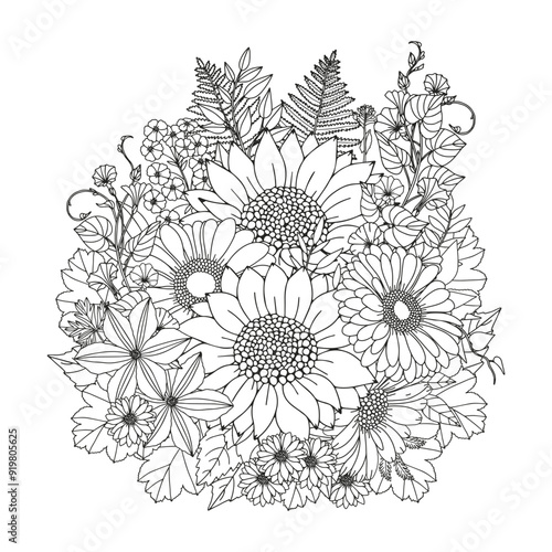 Coloring page for adults and children. Flower bouquet.