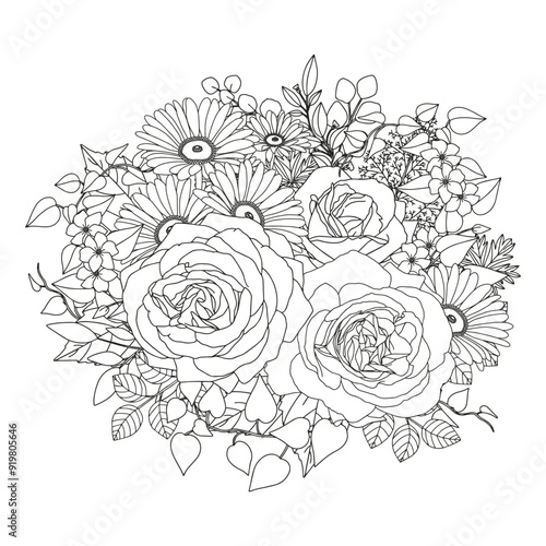 Coloring page for adults and children. Flower bouquet.
