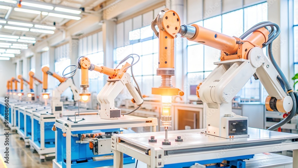 Robotic arms assembling products in a brightly lit modern factory, industrial automation, production technology Robotic arms assembling products in a brightly lit modern factory, industrial automation, production technology