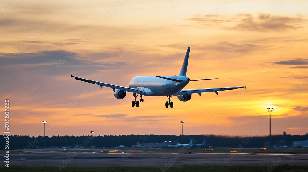 Airplane Landing at Sunset