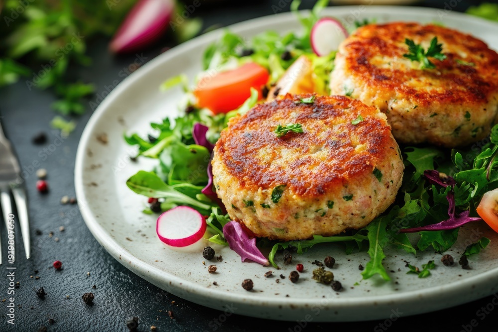 Tuna Cakes - Savoury Fish Patty Served with Fresh Salad, Perfect for Brunch or Dinner Tuna Cakes - Savoury Fish Patty Served with Fresh Salad, Perfect for Brunch or Dinner