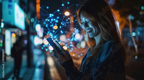 Beautiful Smiling Woman Using Smartphone on a City Street at Night. Wireless communication network concept. Mobile technology.