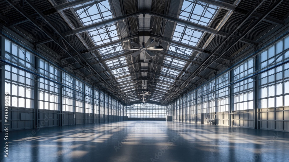 Obraz premium Industrial Ceiling Fan. Steel Structure Design for Large Open-Air Building Roof