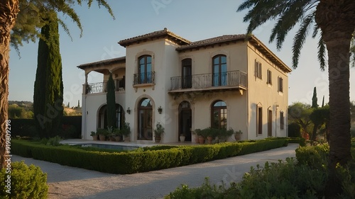 A Mediterranean house with a garden seen from the front