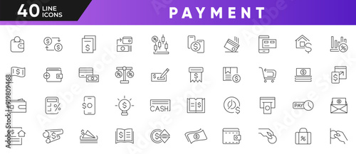 Payment line icon set. Business, finance payment, money, banking, exchange, cash, money, coins in hand, credit card, wallet, cashless pay outline icon collection. Ui thin line icon pack.