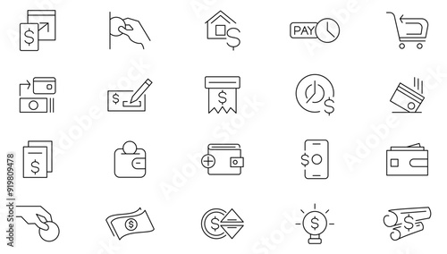Payment line icon set. Business, finance payment, money, banking, exchange, cash, money, coins in hand, credit card, wallet, cashless pay outline icon collection. Ui thin line icon pack.