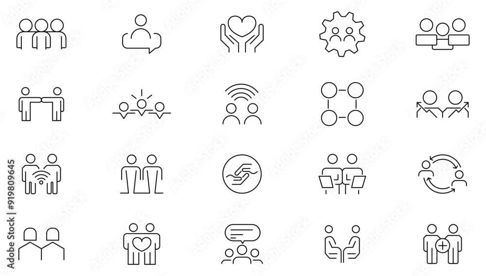 Friend line icon set. Containing friends, group of friends, socialize, friendly, cheers, trust, support, love, together, couple Outline icon collection. UI thin line icon pack. Friend line icon set. Containing friends, group of friends, socialize, friendly, cheers, trust, support, love, together, couple Outline icon collection. UI thin line icon pack.