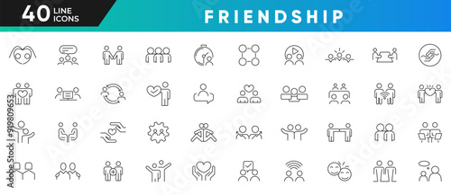 Friend line icon set. Containing friends, group of friends, socialize, friendly, cheers, trust, support, love, together, couple Outline icon collection. UI thin line icon pack.