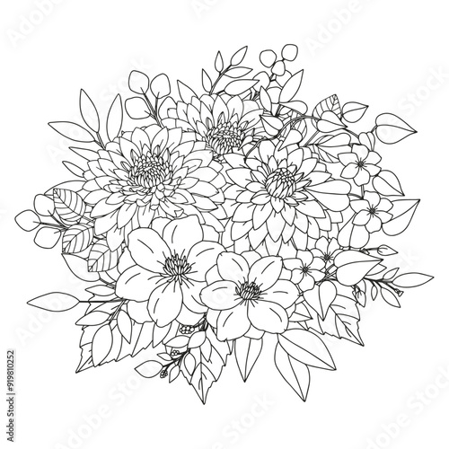 Coloring page for adults and children. Flower bouquet.