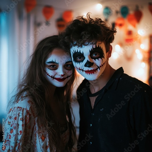 Teenagers Celebrating Halloween at Home in Halloween Costumes, Happy Halloween, Portrait of Young Dgirl and Boyfriend on Halloween photo