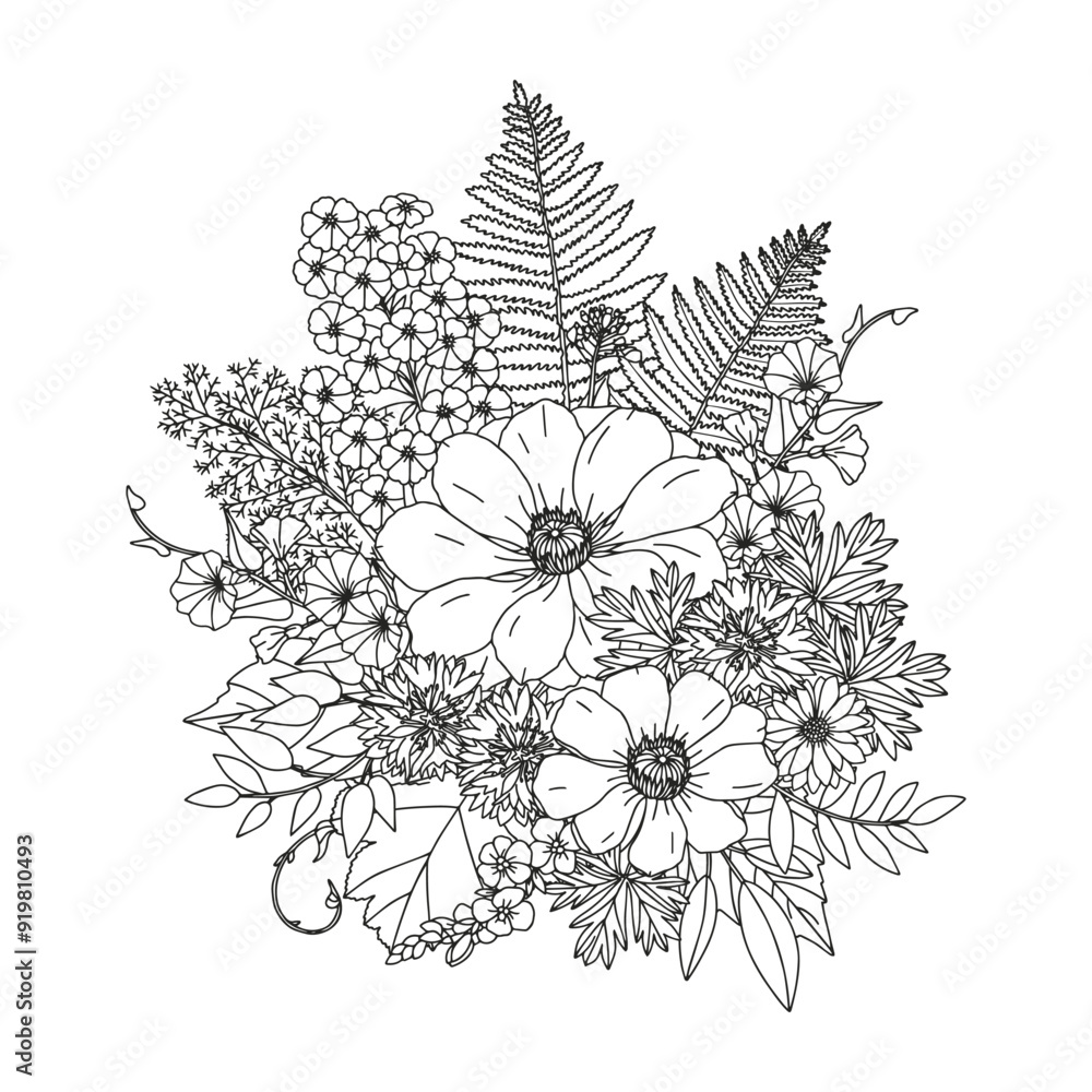 Fototapeta premium Coloring page for adults and children. Flower bouquet.