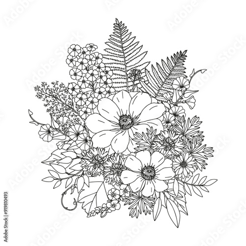 Coloring page for adults and children. Flower bouquet.