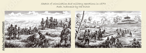 Sketch reproduction of colonization and military operations in 1873, Aceh war, Indonesia history