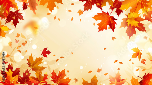 border of fiery orange maple leaves on a branch, set against a blurred bokeh background. Embrace the autumn atmosphere