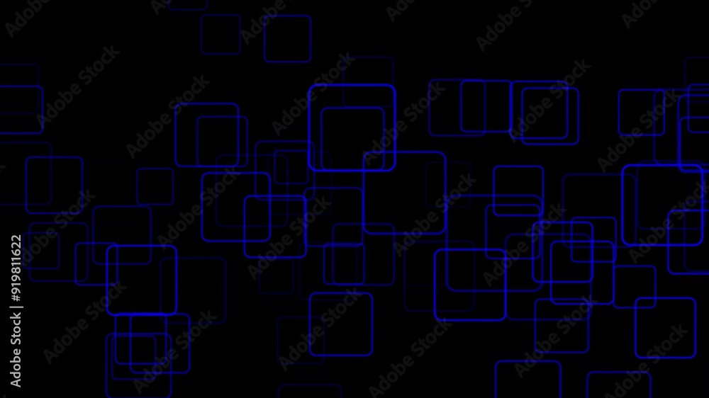 Blue color randomly moving squares on black background, simple shapes geometrical background Blue color randomly moving squares on black background, simple shapes geometrical background