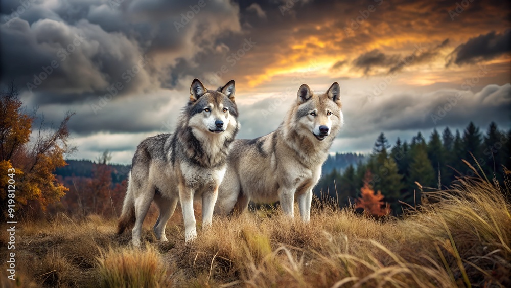 Two wolves stand in the snow in winter among snow-covered bushes and dry grass during sunset Two wolves stand in the snow in winter among snow-covered bushes and dry grass during sunset