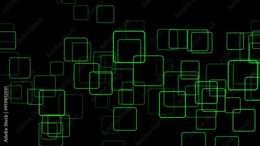 Green color randomly moving squares on black background, simple shapes geometrical background Green color randomly moving squares on black background, simple shapes geometrical background