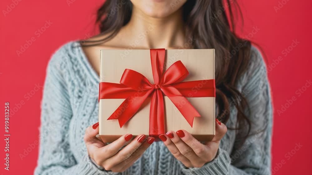 Close-up of hands presenting gift box with red ribbon on vibrant backdrop. Close-up of hands presenting gift box with red ribbon on vibrant backdrop.