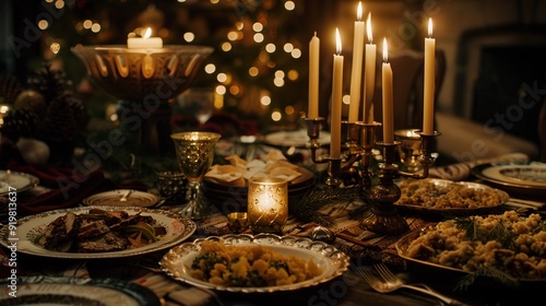 Dinner table set with gourmet dishes and candles, decorated for a festive occasion during evening hours