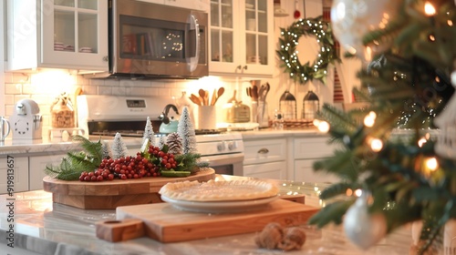 Festive kitchen decor with a holiday centerpiece and a pie on the counter