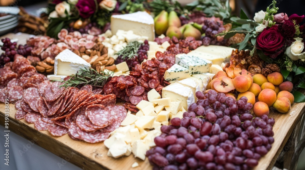 A beautiful array of cured meats, cheeses, and fresh fruits laid out on a wooden board at a festive gathering. A beautiful array of cured meats, cheeses, and fresh fruits laid out on a wooden board at a festive gathering.
