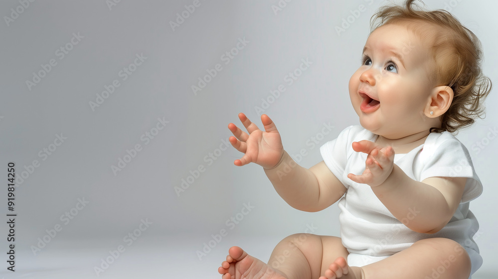 baby with curly hair, dressed in a soft, beige outfit, sitting against a simple backdrop. The child is holding a small, plush toy, baby with curly hair, dressed in a soft, beige outfit, sitting against a simple backdrop. The child is holding a small, plush toy,