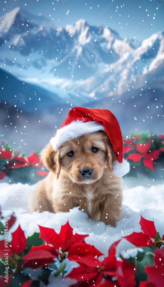 Happy puppy sporting a Santa hat sitting in the snow with bright poinsettias and a breathtaking mountain view, epitomizing the joy and beauty of the winter holiday season. Happy puppy sporting a Santa hat sitting in the snow with bright poinsettias and a breathtaking mountain view, epitomizing the joy and beauty of the winter holiday season.