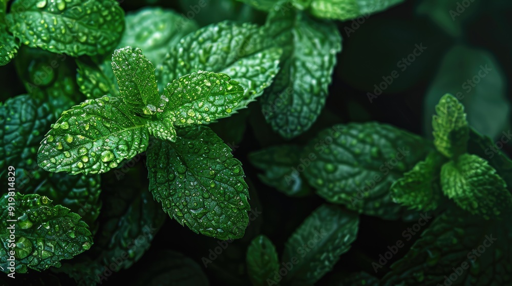 Close-up of fresh green mint leaves with dew drops. Close-up of fresh green mint leaves with dew drops.