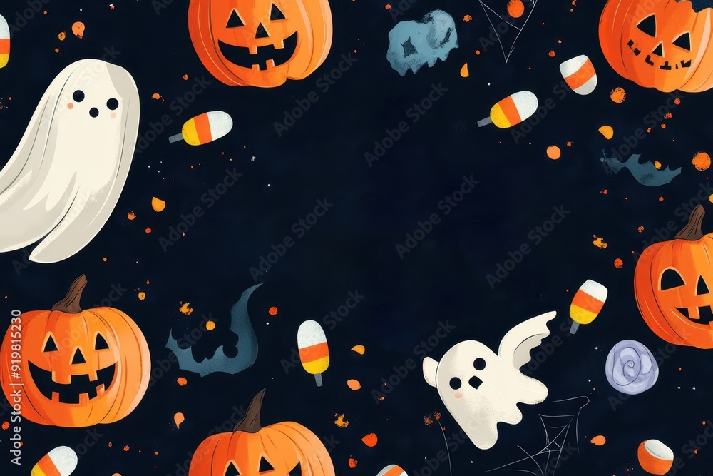 Happy Halloween party invitation card with space for text, Halloween card layout. Composition with pumpkins, ghosts, bats and holiday decorations and sweets on a black background. Happy Halloween party invitation card with space for text, Halloween card layout. Composition with pumpkins, ghosts, bats and holiday decorations and sweets on a black background.