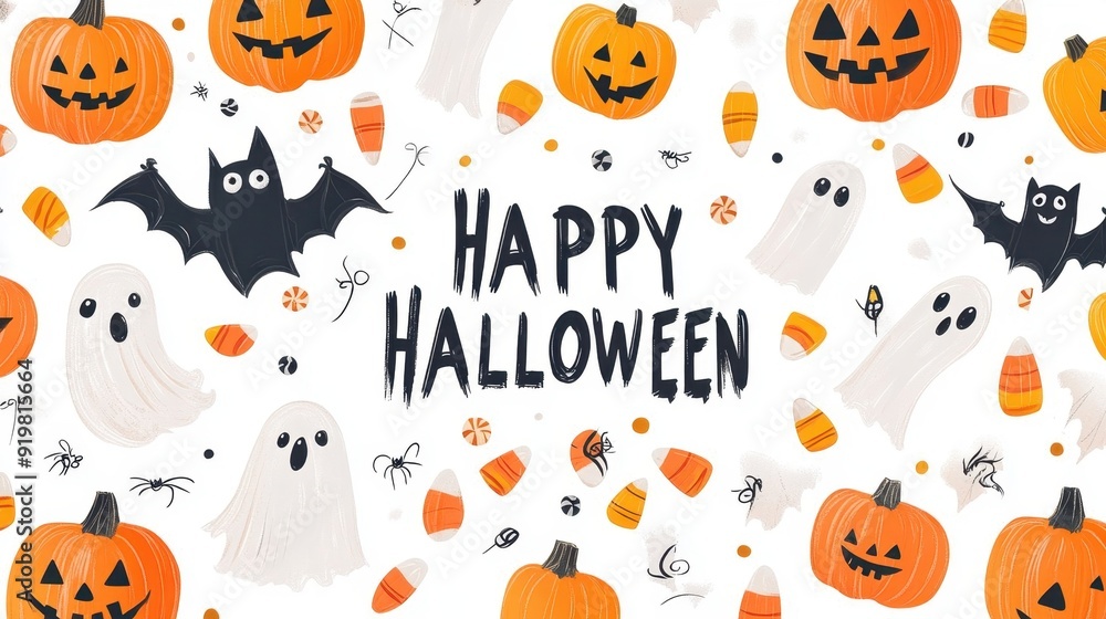 Happy Halloween party invitation card. Composition with pumpkins, ghosts, bats and holiday decorations and sweets on a white background. Happy Halloween party invitation card. Composition with pumpkins, ghosts, bats and holiday decorations and sweets on a white background.