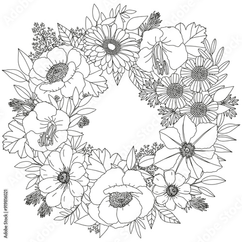 Coloring page for adults and children. Flower frame.
