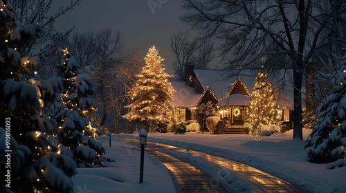 A cozy home adorned with holiday lights surrounded by snow-covered trees on a winter evening