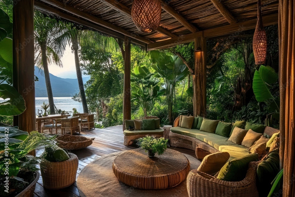 Fototapeta premium Tropical Outdoor Living Space with Lake View - Cozy tropical outdoor living area with wicker furniture, lush greenery, and a serene lake view, perfect for relaxation.