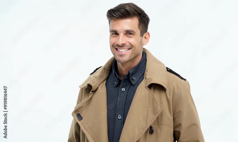 Portrait of a smiling handsome man in trench coat on white background Portrait of a smiling handsome man in trench coat on white background
