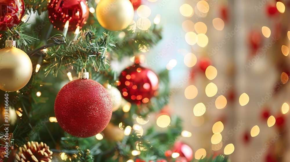 Fototapeta premium Decorations on a festive Christmas tree with twinkling lights during the holiday season