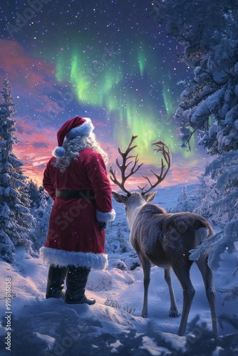 Santa and his reindeer stand in the snow-covered forest at night, gazing at the vibrant Northern Lights under a starlit sky, emanating festive magic and wonder.